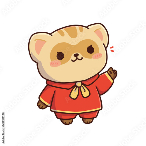 Cute cartoon cat character waving in festive red outfit  