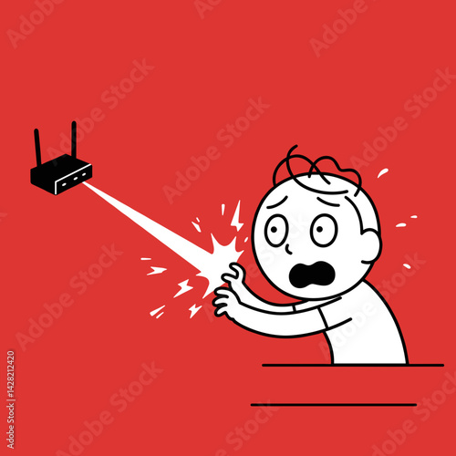 Frightened boy reacts to malfunctioning router against red background  