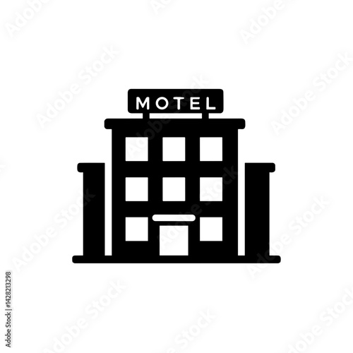 Black silhouette of a motel building in a minimalist style  