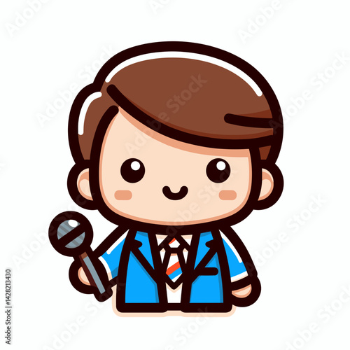 Cute cartoon character holding microphone and smiling  