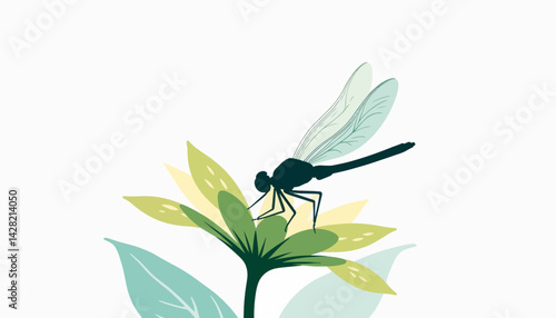 Dragonfly perched on green lily pad, nature's tranquility