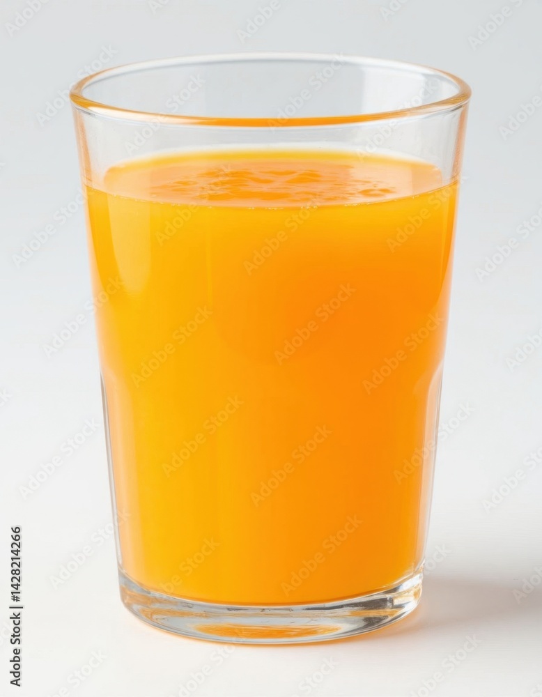 Close-up view of a glass filled with fresh orange juice placed against a plain white background. The vibrant color of the juice is highlighted by the clear glass. Close-up view of a glass filled with fresh orange juice placed against a plain white background. The vibrant color of the juice is highlighted by the clear glass.