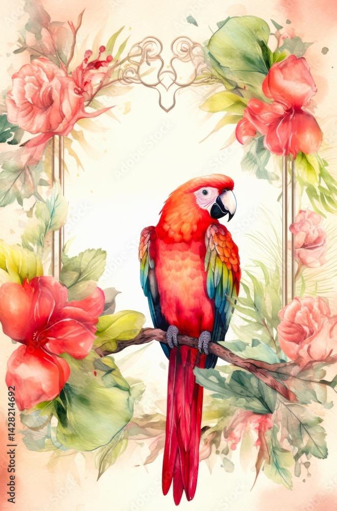 Obraz premium Vibrant scarlet macaw on a tropical branch with floral background.