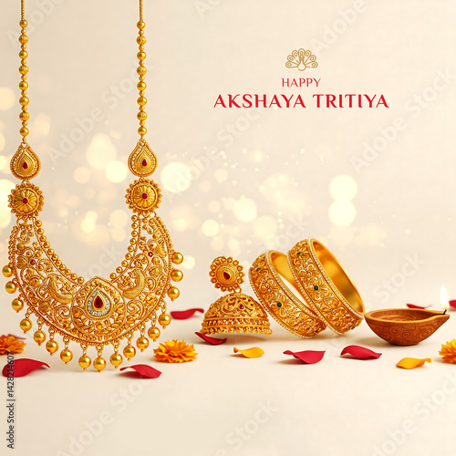 Happy Akshaya Tritiya festival featuring traditional South Indian gold jewellery Poster 