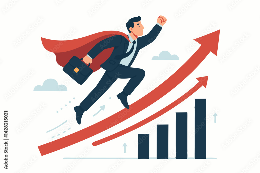 Business Superhero Soaring on Growth Chart Vector Illustration - Professional Man in Suit with Red Cape Running Up Arrow Over Bar Graph - Success, Achievement and Leadership Concept Business Superhero Soaring on Growth Chart Vector Illustration - Professional Man in Suit with Red Cape Running Up Arrow Over Bar Graph - Success, Achievement and Leadership Concept