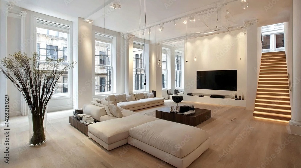 Fototapeta premium Neutral color palette, soft ambient lighting and large floral arrangement in living room design, showcasing open concept architecture and Scandinavian inspired home decor.