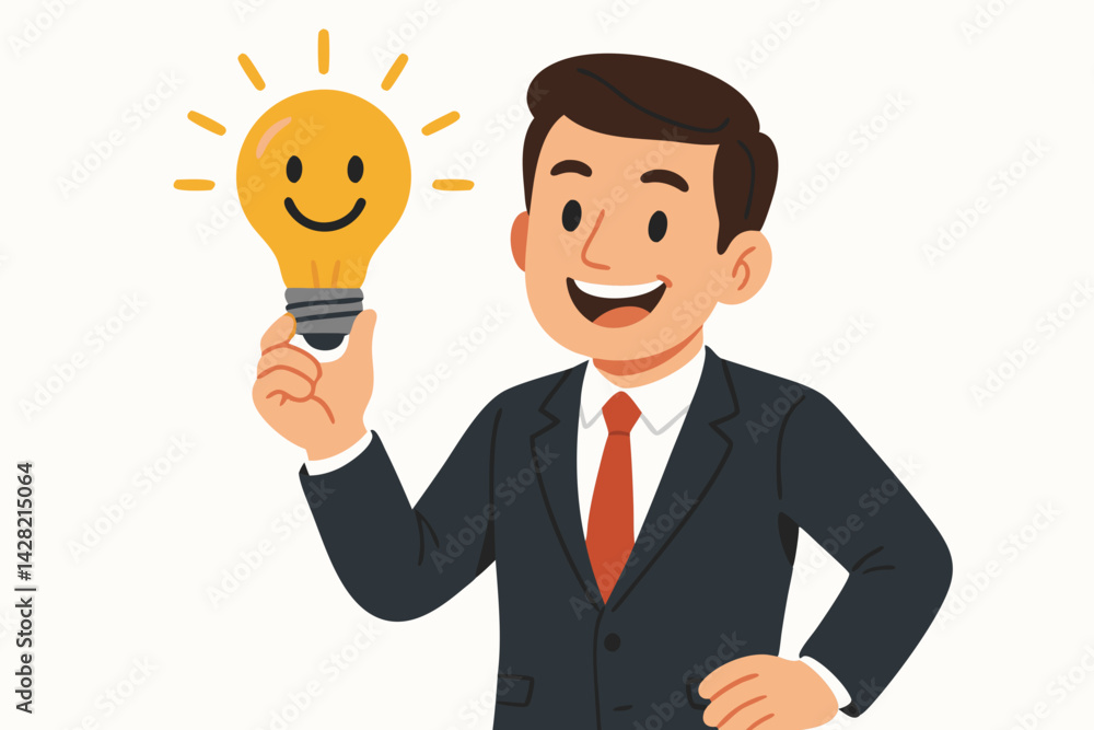Cheerful Businessman Holding Smiling Light Bulb Idea Concept Vector Illustration for Creativity, Innovation, and Business Solution Presentations, Corporate Branding, Marketing Materials Cheerful Businessman Holding Smiling Light Bulb Idea Concept Vector Illustration for Creativity, Innovation, and Business Solution Presentations, Corporate Branding, Marketing Materials