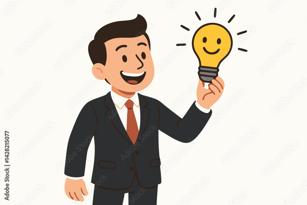 Creative Business Innovation Concept Vector Illustration - Happy Businessman Holding Smiling Light Bulb Idea - Corporate Inspiration and Problem Solving Symbol - Entrepreneurship Success Cartoon Creative Business Innovation Concept Vector Illustration - Happy Businessman Holding Smiling Light Bulb Idea - Corporate Inspiration and Problem Solving Symbol - Entrepreneurship Success Cartoon