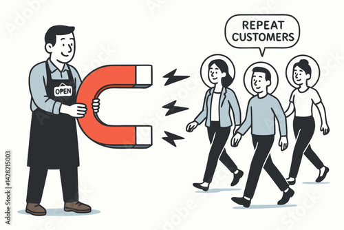 Customer Attraction Concept Vector Illustration with Business Owner Using Magnet to Draw Repeat Customers, Marketing Strategy Visualization for Small Business Loyalty Programs in Flat Design Style