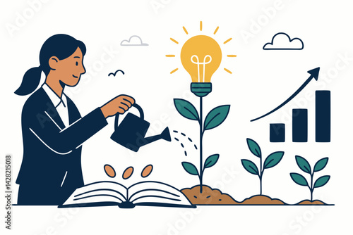 Diverse Businesswoman Nurturing Ideas Vector Illustration - Creative Growth Concept with Lightbulb Plant, Knowledge Book, and Rising Chart - Business Success Metaphor in Minimalist Line Art Style