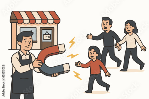 Cute Cartoon Small Business Owner Attracting Customers with Magnet, Local Shop Marketing Concept, Family Shopping Illustration, Customer Acquisition Vector Design for Retail and Commerce Success