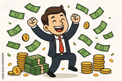 Jubilant Businessman Celebrating Financial Success with Money Rain, Dollar Bills, and Gold Coins - Vector Illustration for Wealth, Achievement, and Business Victory Concept