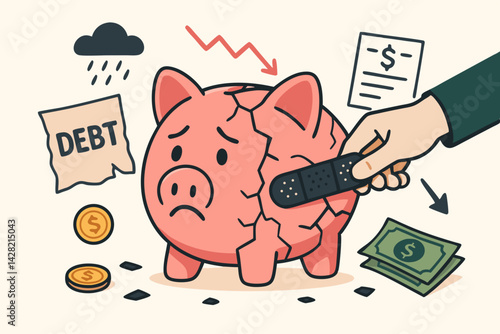 Financial Crisis Vector Illustration with Broken Piggy Bank, Bandage Fix, Falling Graph, Debt Notice, and Money Loss Concept for Financial Recovery, Economic Hardship, and Emergency Savings Repair