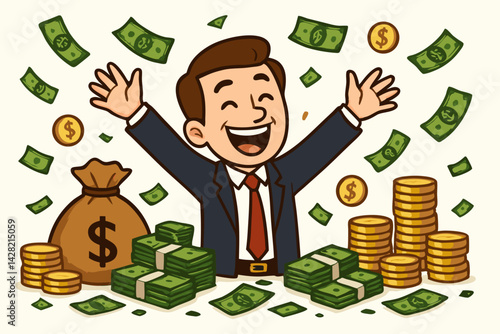 Successful Businessman Celebrating Financial Wealth with Money Rain, Gold Coins and Cash Stacks - Vector Illustration for Success, Wealth, Investment, Prosperity, Achievement and Financial Freedom