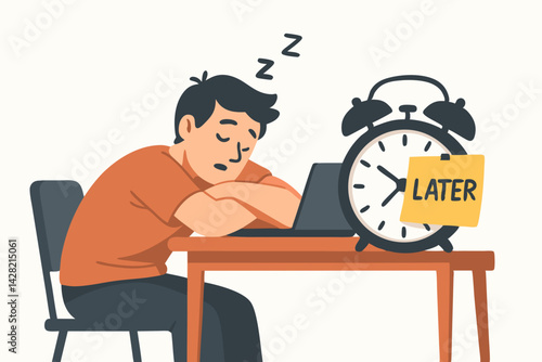 Procrastination Concept Vector Illustration with Sleepy Character Napping at Desk, Alarm Clock with "Later" Note, Postponement and Time Management Theme for Business and Education