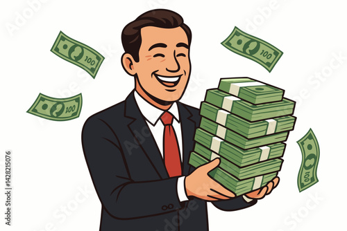 Successful Businessman Holding Large Stack of Dollar Bills Vector Illustration, Retro Style Cartoon Character with Money, Financial Wealth Symbol for Finance Success, Corporate Achievement