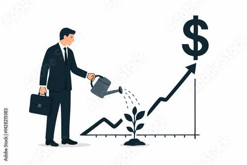 Business Investment Growth Concept Vector Illustration with Businessman Watering Plant, Rising Financial Graph and Dollar Symbol, Wealth Management and Corporate Success Metaphor