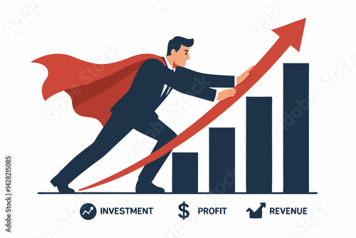 Business Superhero Leader Pushing Growth Chart Upward with Red Cape and Determination, Financial Success Concept with Rising Graph Bars for Investment, Profit and Revenue Vector