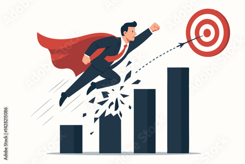 Business Superhero Breaking Through Growth Chart Barriers, Flying Toward Target Goal in Modern Flat Vector Style, Achievement Concept for Leadership, Success and Growth Strategies