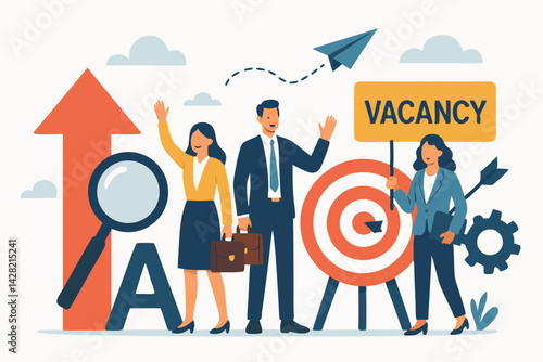 Professional Job Recruitment Vector Illustration with Business Team, Vacancy Sign, Target and Growth Arrow for HR, Employment, Career Opportunity, and Talent Acquisition Graphics