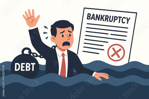 Desperate Businessman Drowning in Debt with Rejected Bankruptcy Form, Financial Crisis Vector Illustration for Business Failure, Economic Hardship and Corporate Insolvency Concept
