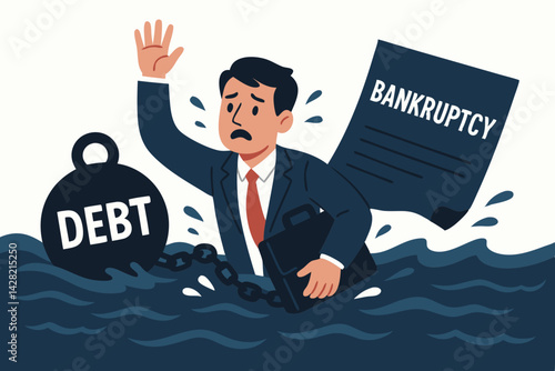 Financial Crisis Vector Illustration: Stressed Businessman Drowning in Debt Ocean with Heavy Ball and Chain, Bankruptcy Document, Corporate Failure Metaphor, Financial Collapse Concept Art