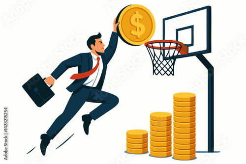 Business Success Financial Goal Metaphor Vector Illustration with Businessman Dunking Gold Dollar Coin in Basketball Hoop, Investment Achievement Concept with Money Stack Growth