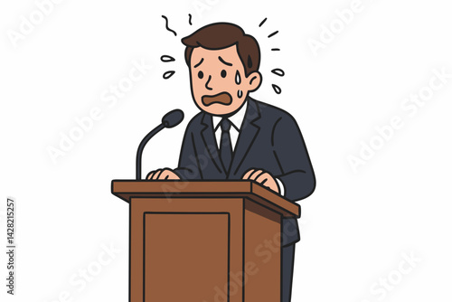Anxious Businessman Sweating at Podium During Public Speech Vector Illustration - Communication Anxiety Concept for Presentations, Conferences and Corporate Events - Business Fear Cartoon
