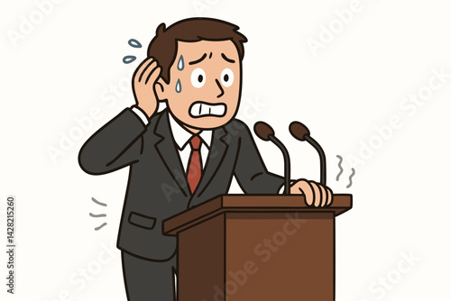 Nervous Businessman Sweating During Public Speaking at Podium Vector Illustration - Cartoon Character with Stage Fright and Anxiety at Conference or Presentation - Corporate Communication Concept