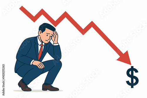 Stressed Businessman in Blue Suit Confronting Financial Decline with Dramatic Red Downward Graph and Dollar Symbol, Economic Crisis Vector Illustration for Finance and Business Concepts