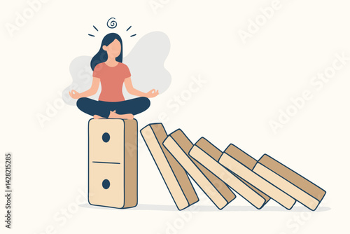 Mindfulness and Resilience Concept Vector Illustration with Woman Meditating on Stable Domino Amid Falling Pieces, Mental Balance in Chaos Metaphor for Wellness and Stress Management