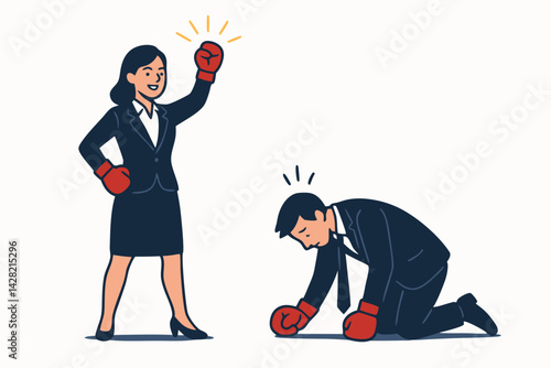 Business Competition Victory Vector: Professional Businesswoman in Boxing Gloves Triumphant over Defeated Male Colleague, Corporate Success Metaphor, Gender Dynamics in Workplace Illustration