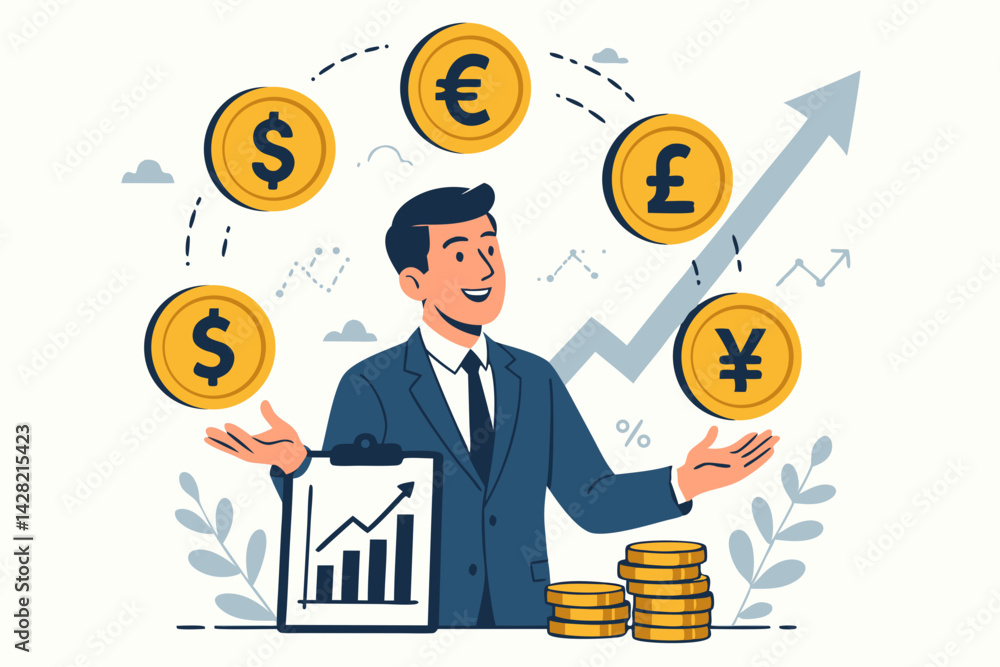 Global Currency Exchange Vector Illustration with Businessman Balancing Dollar Euro Pound Yen Coins Around Growth Chart, Financial Market Trading Success Concept for Investment and Forex Global Currency Exchange Vector Illustration with Businessman Balancing Dollar Euro Pound Yen Coins Around Growth Chart, Financial Market Trading Success Concept for Investment and Forex