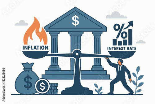 Economic Balance Concept Vector Illustration: Bank Building with Scales Balancing Inflation Fire and Rising Interest Rate Percentage, Financial Monetary Policy Metaphor with Businessman and Money