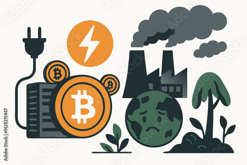 Bitcoin Mining Environmental Impact Vector Illustration with Cryptocurrency, Electricity Consumption, Carbon Emissions, and Climate Change Concept for Financial Technology and Sustainability Topics