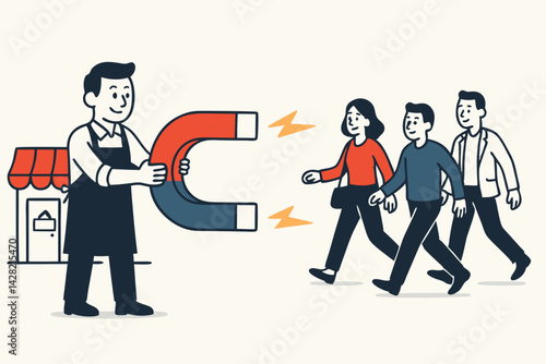 Customer Attraction Vector Illustration with Shop Owner Using Magnet to Draw Customers, Business Marketing Concept for Small Business, Retail Store Customer Acquisition Strategy Flat Design Art