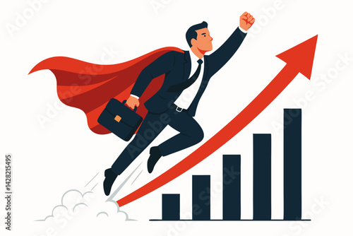 Dynamic Business Superhero Taking Flight: Professional Businessman with Red Cape Soaring Upward Along Rising Growth Chart, Success Concept for Leadership, Achievement and Financial Progress