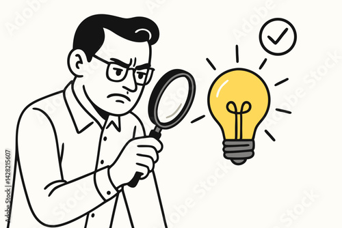 Critical Analysis Vector Illustration: Business Professional Examining Idea with Magnifying Glass, Light Bulb Concept with Approval Checkmark, Problem-Solving Mindset for Innovation Strategy