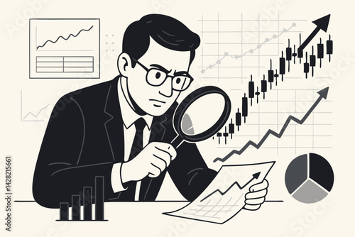 Financial Analyst Examining Stock Market Data with Magnifying Glass, Business Professional Analyzing Investment Charts, Candlestick Patterns and Growth Trends for Trading Strategy