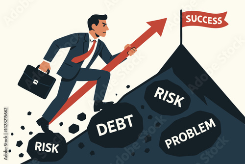 Determined Businessman Climbing Upward with Growth Arrow Overcoming Risk, Debt and Problems to Reach Success Flag, Vector Illustration for Business Challenge Concept