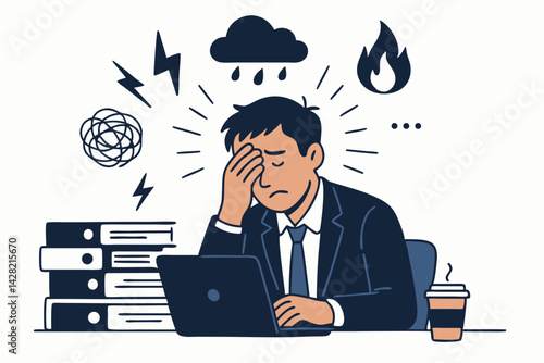 Overwhelmed Businessman with Burnout Syndrome Vector Illustration - Office Worker Experiencing Stress, Anxiety and Mental Pressure with Workplace Chaos Symbols and Coffee Cup