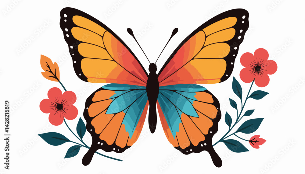 Vibrant butterfly surrounded by abstract flowers, nature's beauty Vibrant butterfly surrounded by abstract flowers, nature's beauty