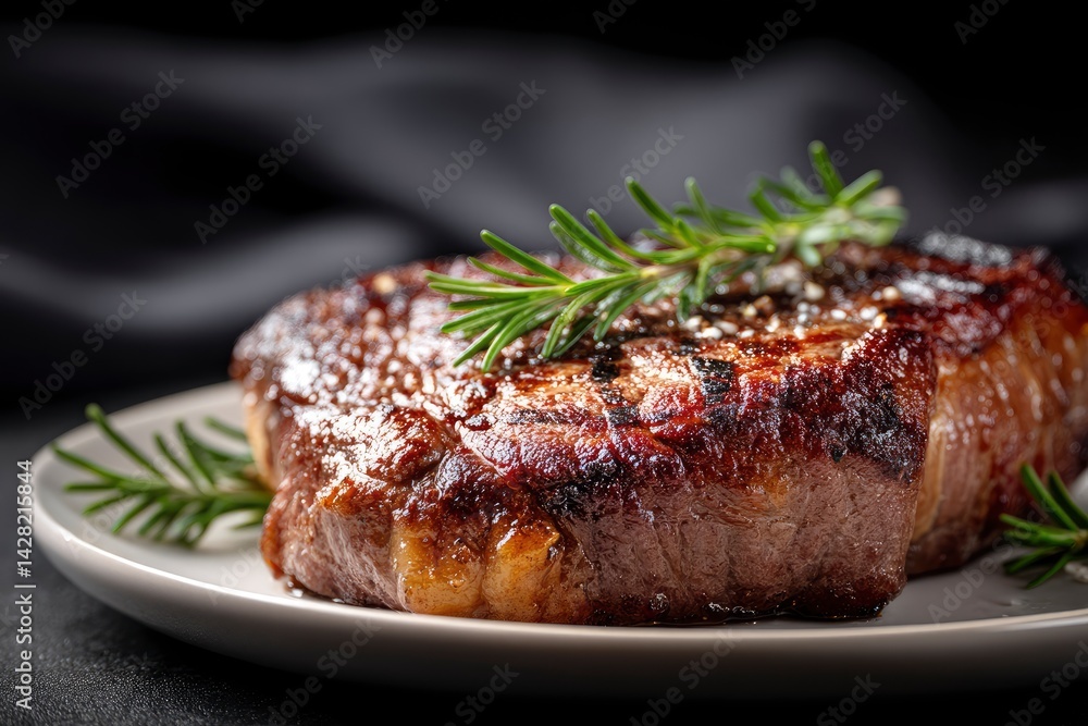 Grilled Steak with Rosemary and Salt on Plate Grilled Steak with Rosemary and Salt on Plate