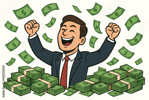 Successful Businessman Celebrating Financial Victory with Money Wealth Cartoon Vector Illustration, Joyful Entrepreneur with Cash Stacks and Dollar Bills, Business Achievement Success Symbol