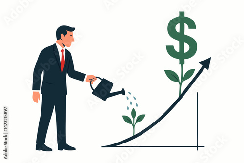 Businessman Watering Dollar Plant Growth Chart Vector - Financial Investment Success Metaphor - Wealth Management Concept for Economic Prosperity - Money Growing Graph Illustration