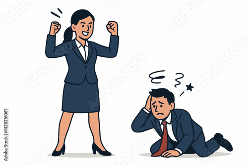 Corporate Triumph: Successful Businesswoman Celebrating Victory with Clenched Fists Over Defeated, Kneeling Male Colleague or Competitor in Business Suit Vector Illustration
