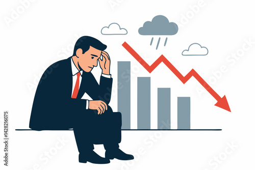 Stressed businessman contemplating financial crisis and economic recession, sitting beside a declining bar chart with a downward red arrow under a stormy cloud. Vector illustration.