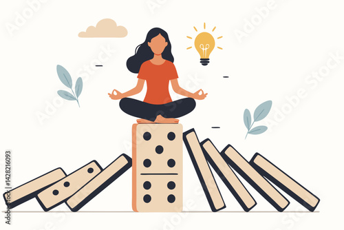 Vector concept of mindful balance and resilience. Woman in lotus pose meditates on a stable domino, stopping the falling chain reaction, symbolizing calm, control, and finding ideas.