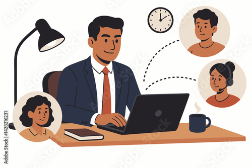 Professional man works late on laptop, engaging in global virtual collaboration meeting with international colleagues. Remote teamwork and communication concept vector illustration.