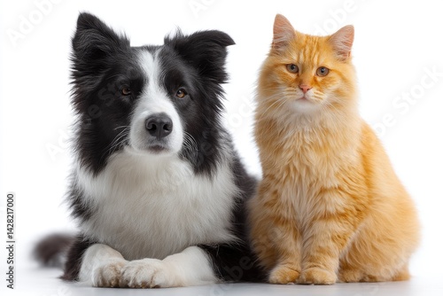 Dog and Cat Posing Together on White Background